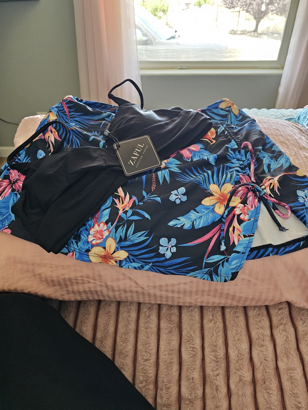 Zaful Black Bikini Top with Navy Tropical Floral Swim Skirt